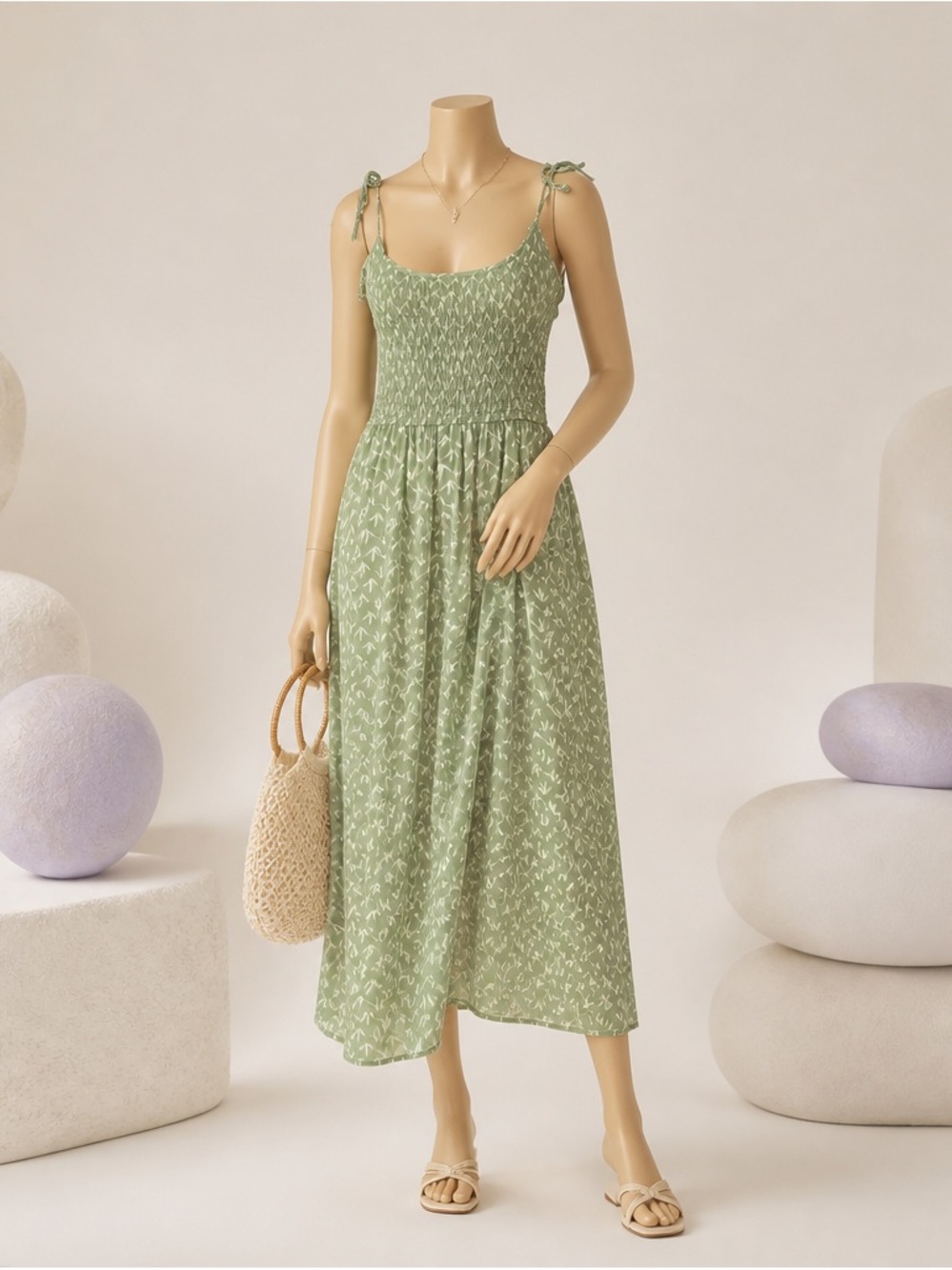 Lucky Brand Green Floral Midi Dress XL Smocked Spaghetti Strap Cottagecore Boho